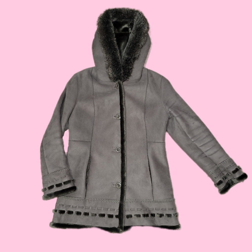 Vintage y2k olive green faux fur trim lined hooded suede winter coat small